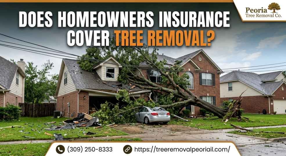 Large fallen tree on a residential roof after a storm in Peoria with bold text overlay reading 'Does Homeowners Insurance Cover Tree Removal', 'Peoria Tree Removal Co.', and Phone '309-250-8333'. URL: treeremovalpeoriail.com. GEO COORDINATES: 40.6936° N, 89.5889° W (Peoria, IL)