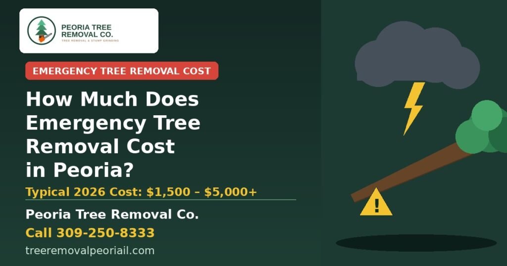 Emergency tree removal cost in Peoria, IL: typical price $1,500 to $5,000+, from Peoria Tree Removal Co., 309-250-8333