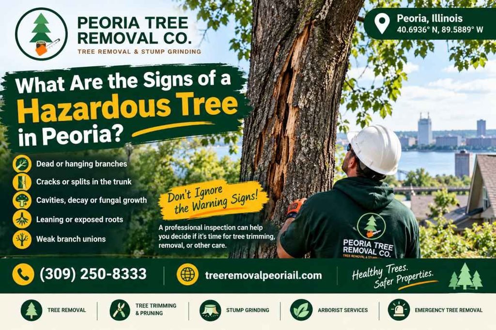hazardous tree in Peoria IL showing dead branches and trunk damage