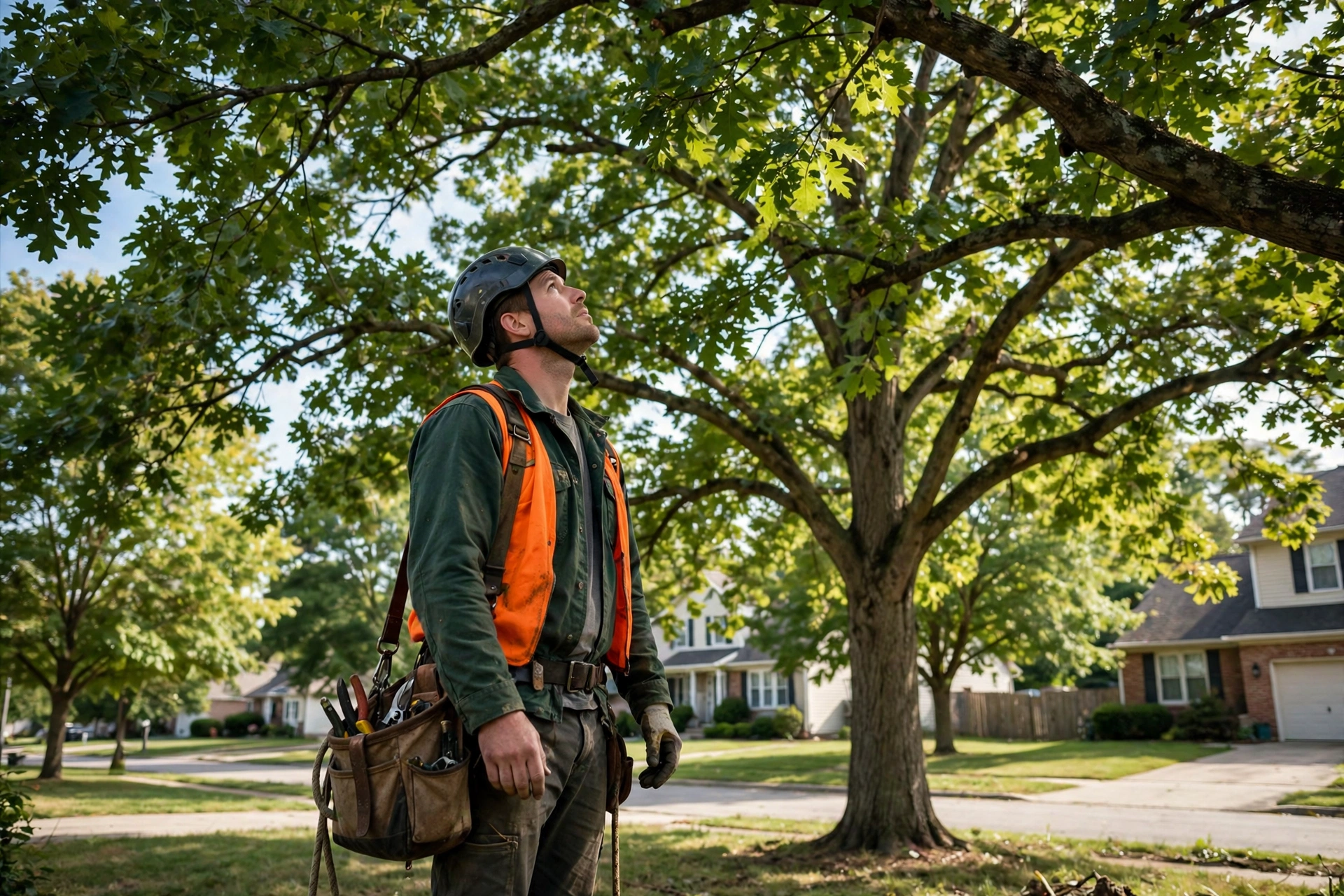 Arborist tree health assessment Peoria Heights IL — certified arborist assessing a mature oak