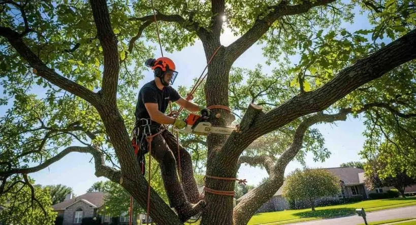 Mature bur oak providing shade in a Peoria IL neighborhood — ideal replacement tree
