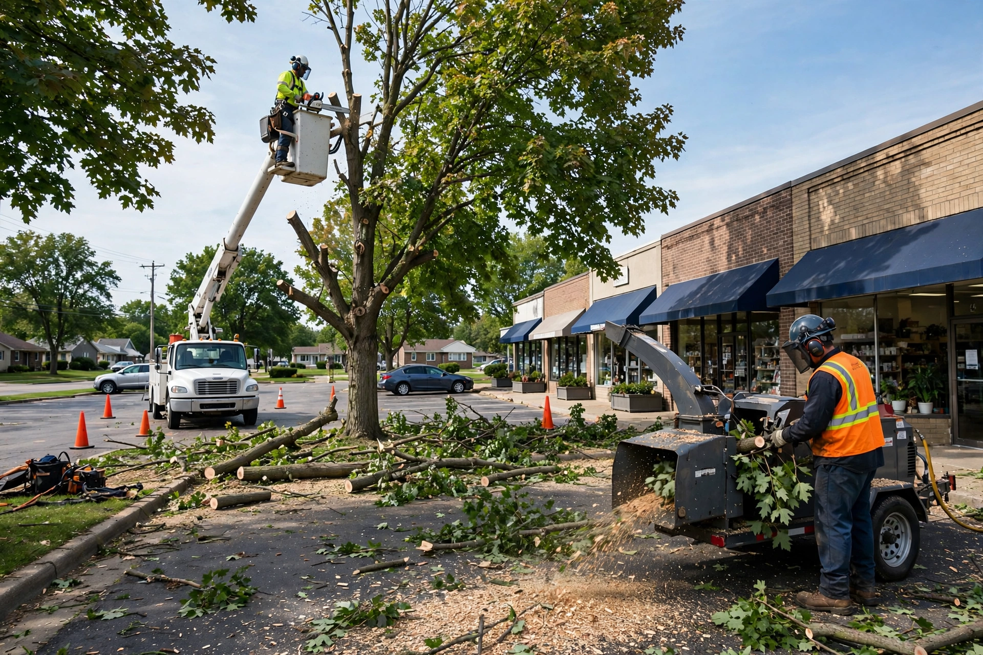 Commercial tree service Chillicothe IL — crew trimming trees on business property
