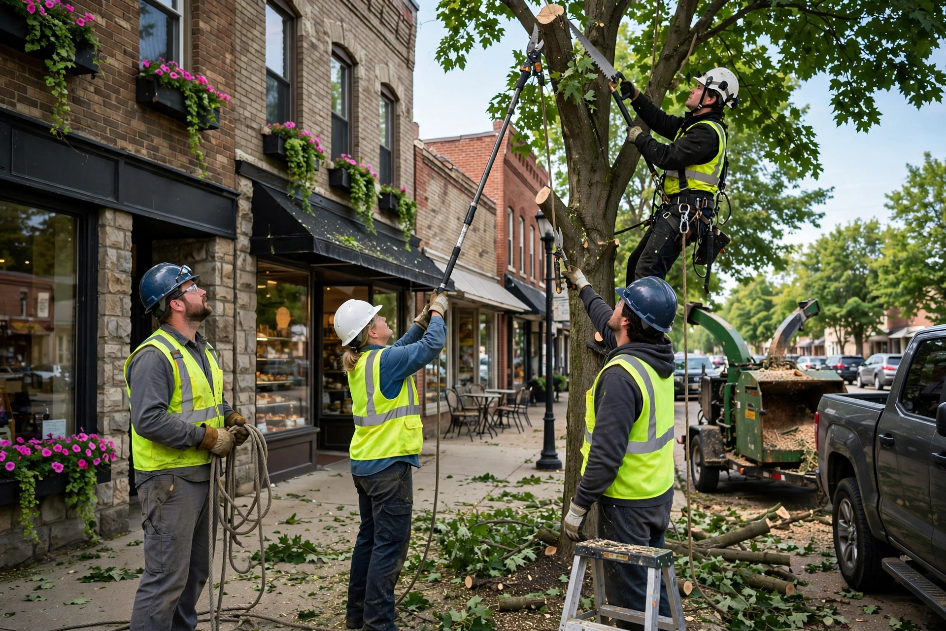 Commercial tree service Peoria Heights IL — crew pruning street trees on a village main street
