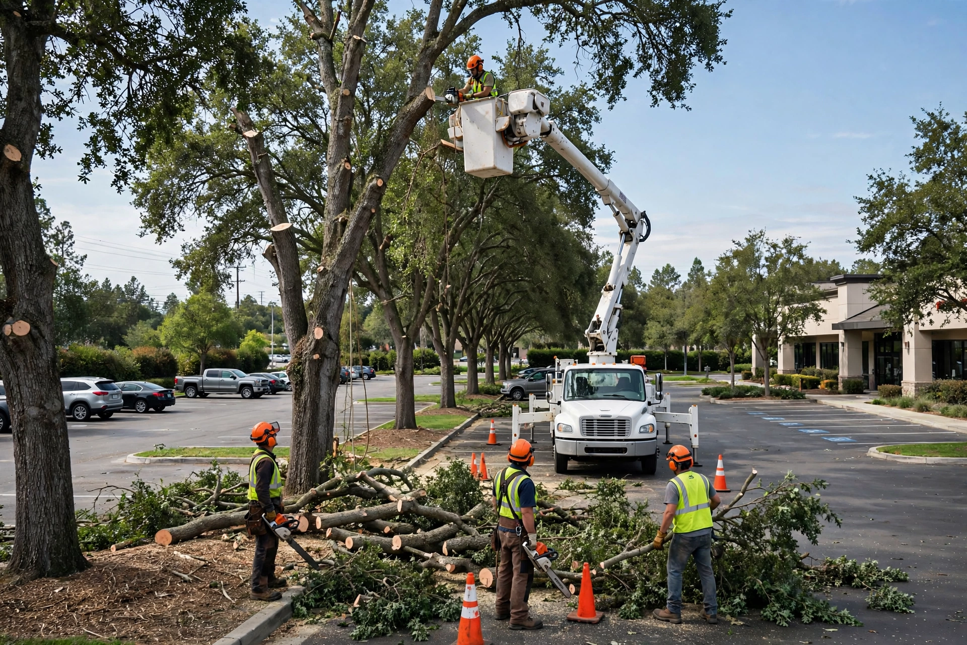 Commercial tree service Peoria IL — crew trimming trees on business property