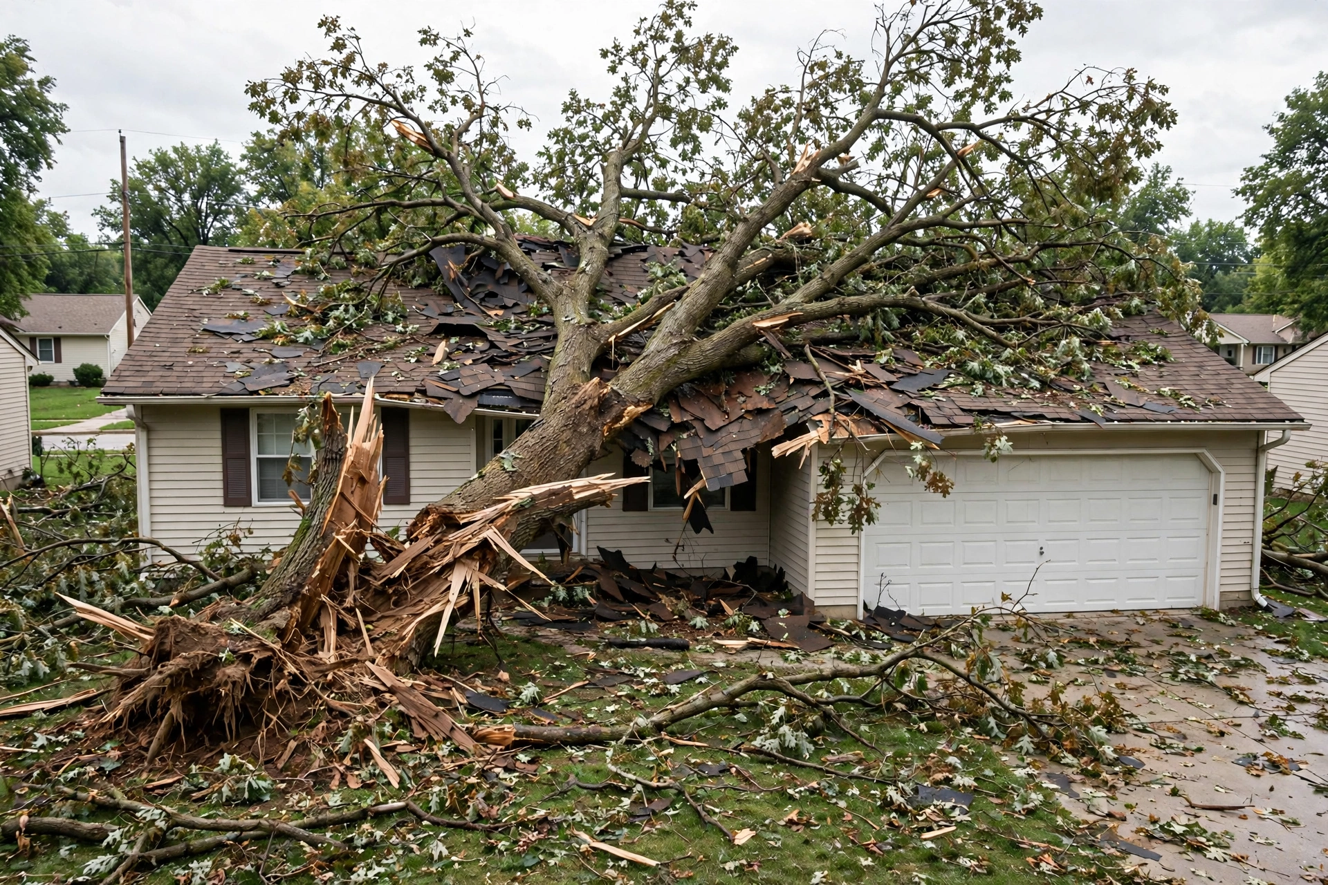 Fallen tree resting on a house roof in Peoria IL — the aftermath that starts a DIY tree removal insurance claim