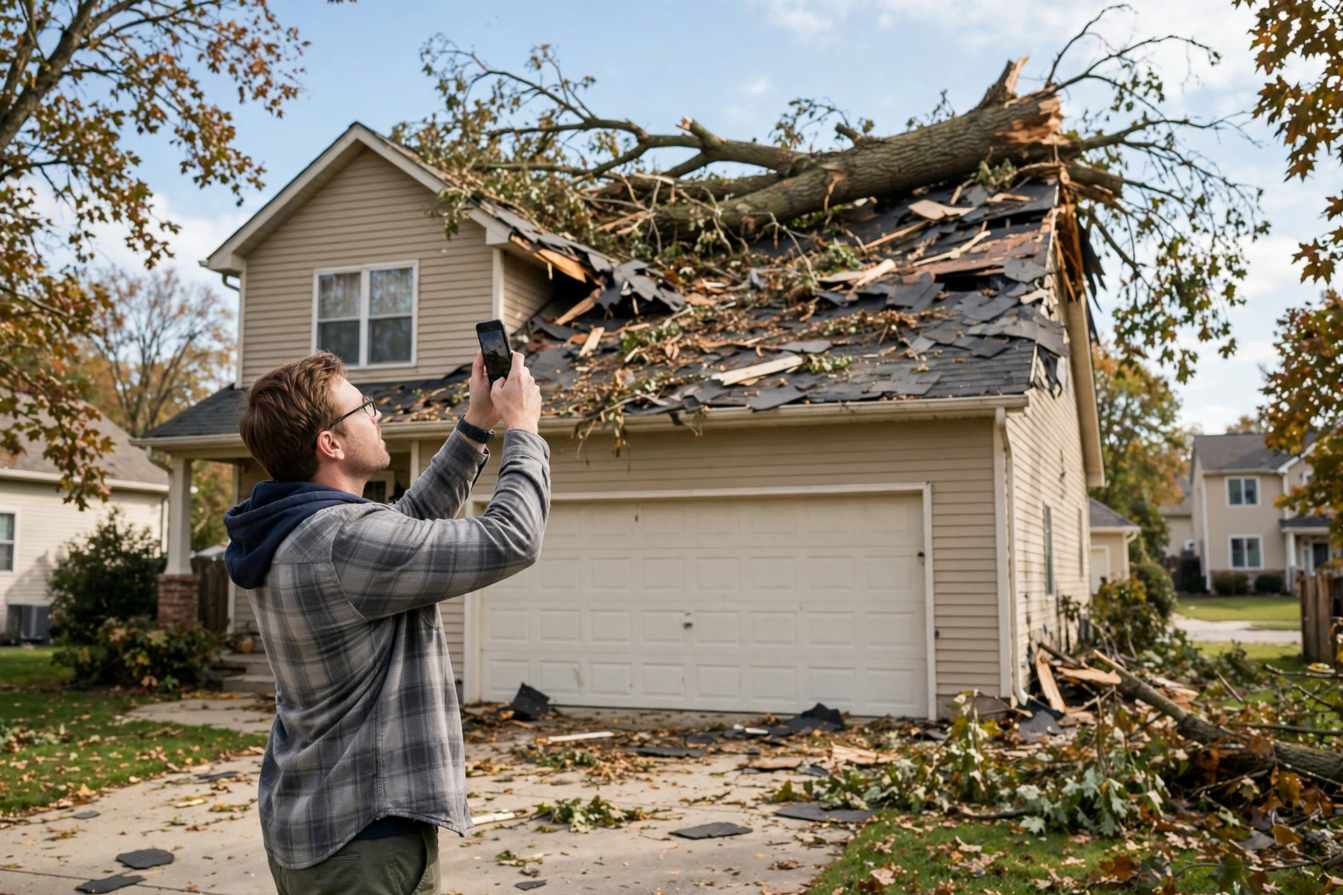 Homeowner photographing tree damage on a roof for a DIY tree removal insurance claim in Peoria Illinois