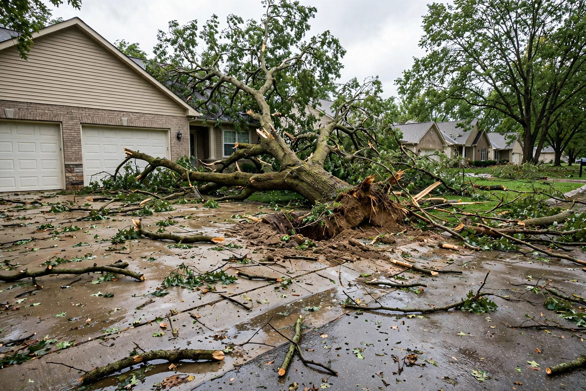 Emergency tree removal Chillicothe IL — storm-fallen tree blocking residential driveway