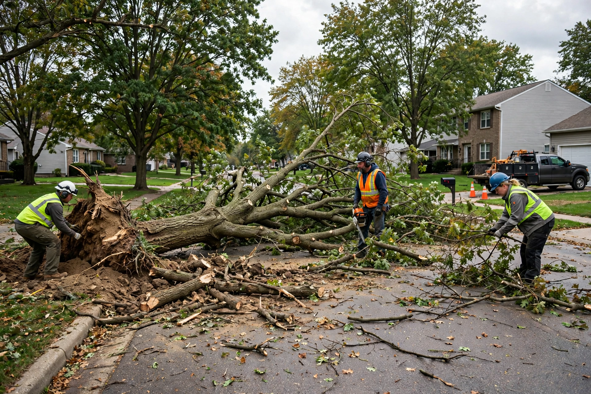 Emergency tree removal Peoria Heights IL — windstorm-toppled tree across a residential street