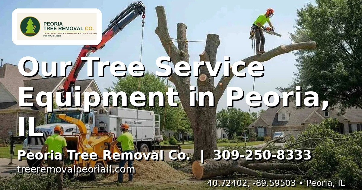 Tree service crane and bucket truck on a residential street in Peoria IL before a large tree removal