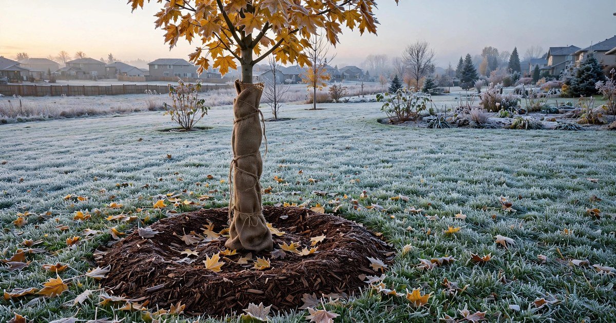 First frost on young tree with mulch ring in Peoria IL before winter