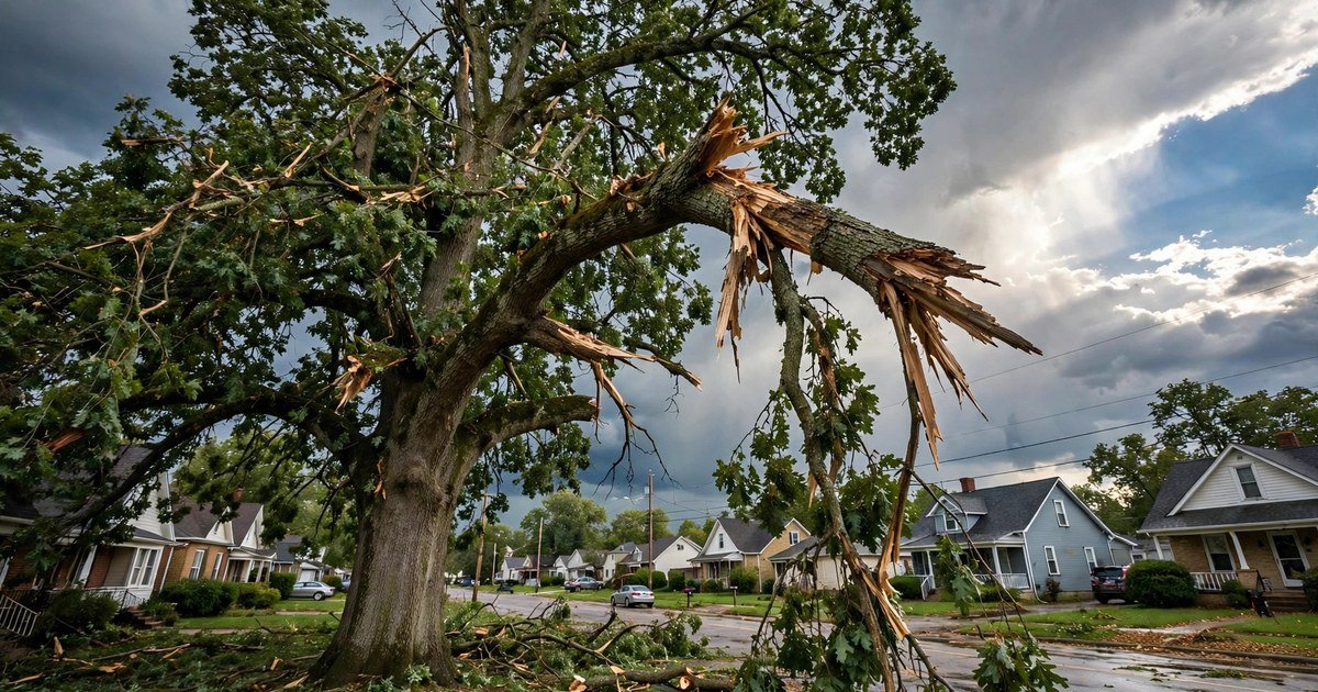 Storm-damaged tree with hanging broken limb in Peoria IL after October 2026 severe storms