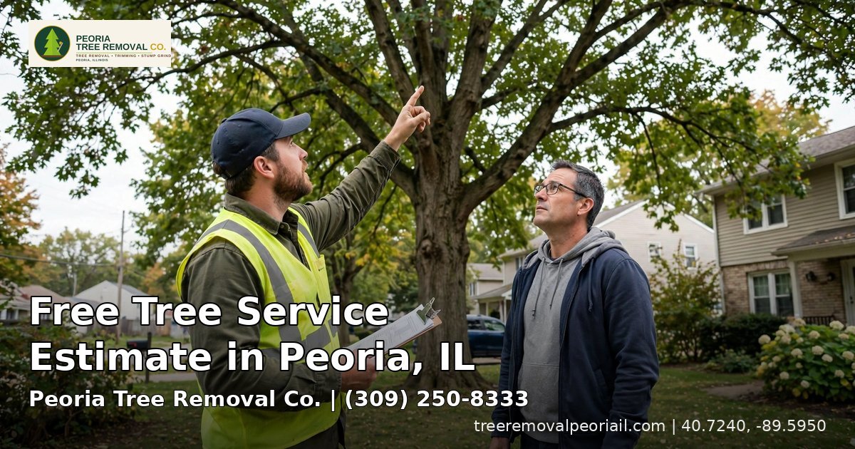 Arborist estimator giving a free tree service estimate in Peoria, IL, pointing up at a large tree with a homeowner