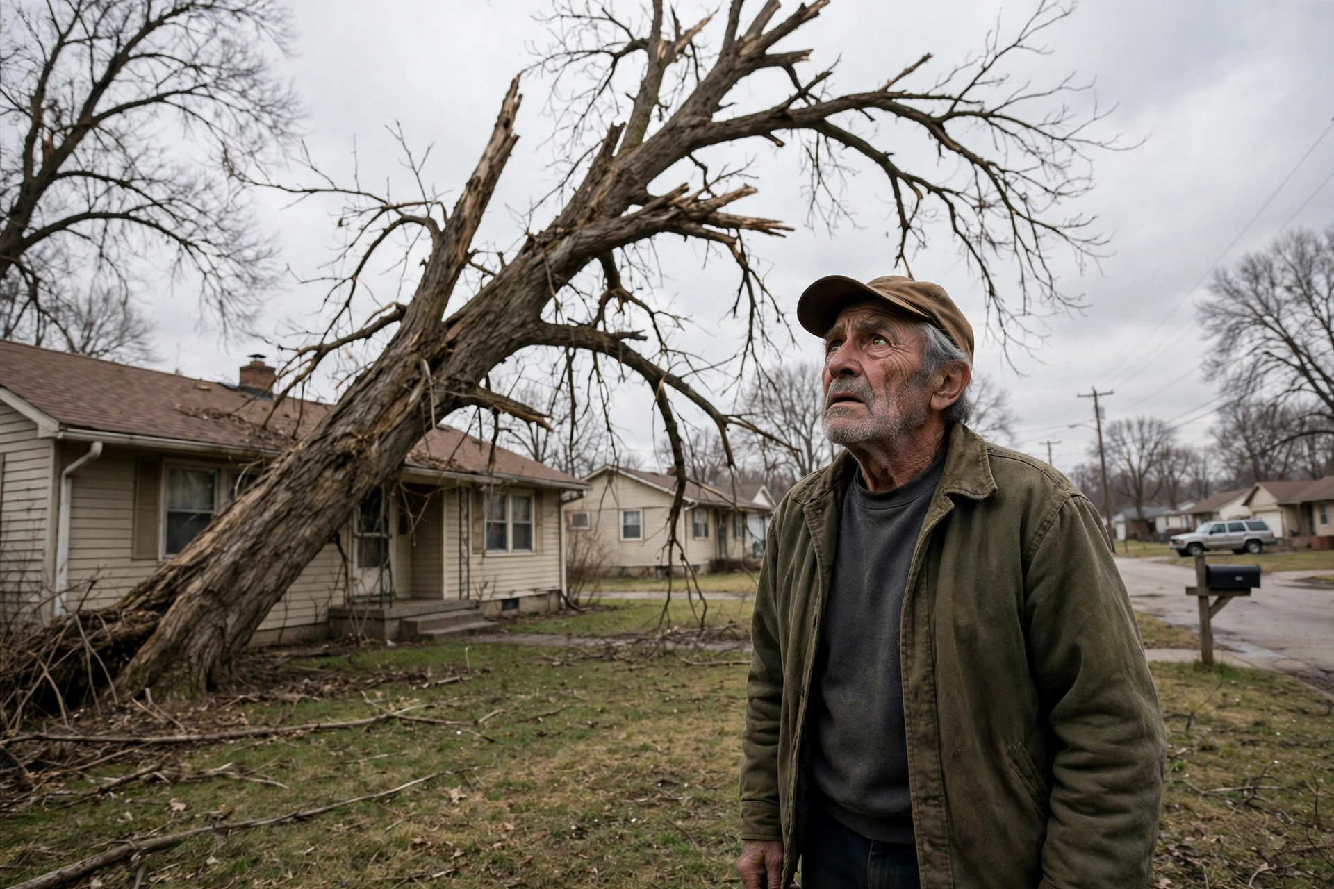 Free tree removal in Illinois for seniors — arborist crew removing a dead tree beside a Peoria home