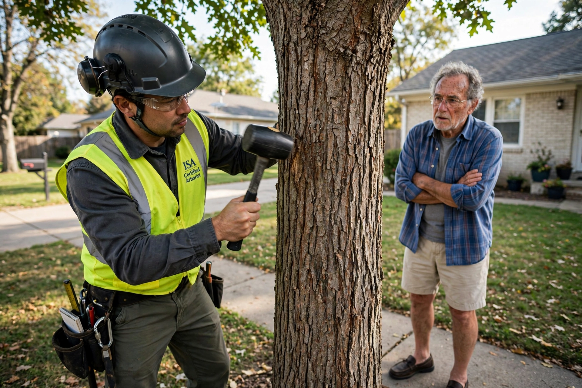 ISA Certified Arborist inspecting a hazardous tree for a senior homeowner in Peoria Illinois