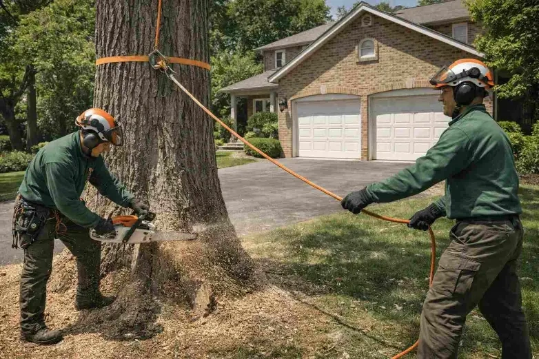 Tree stump remaining in a lawn after tree removal in Peoria IL before grinding