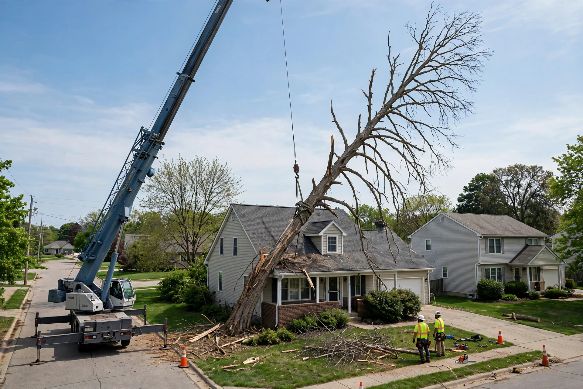 Hazardous tree removal Chillicothe IL — crane-assisted removal of leaning tree over house