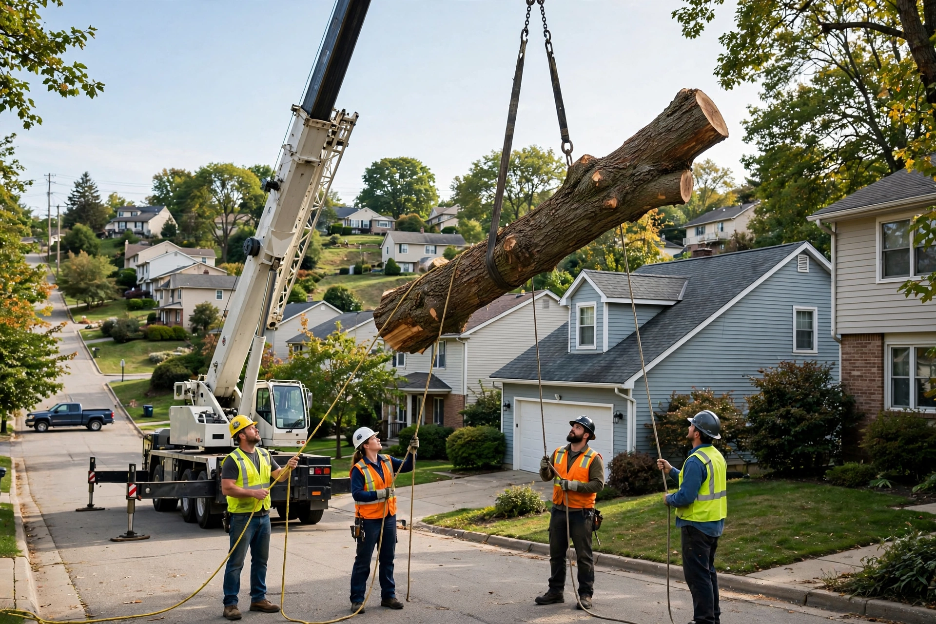 Hazardous tree removal Peoria Heights IL — crane lifting tree section over a hillside home
