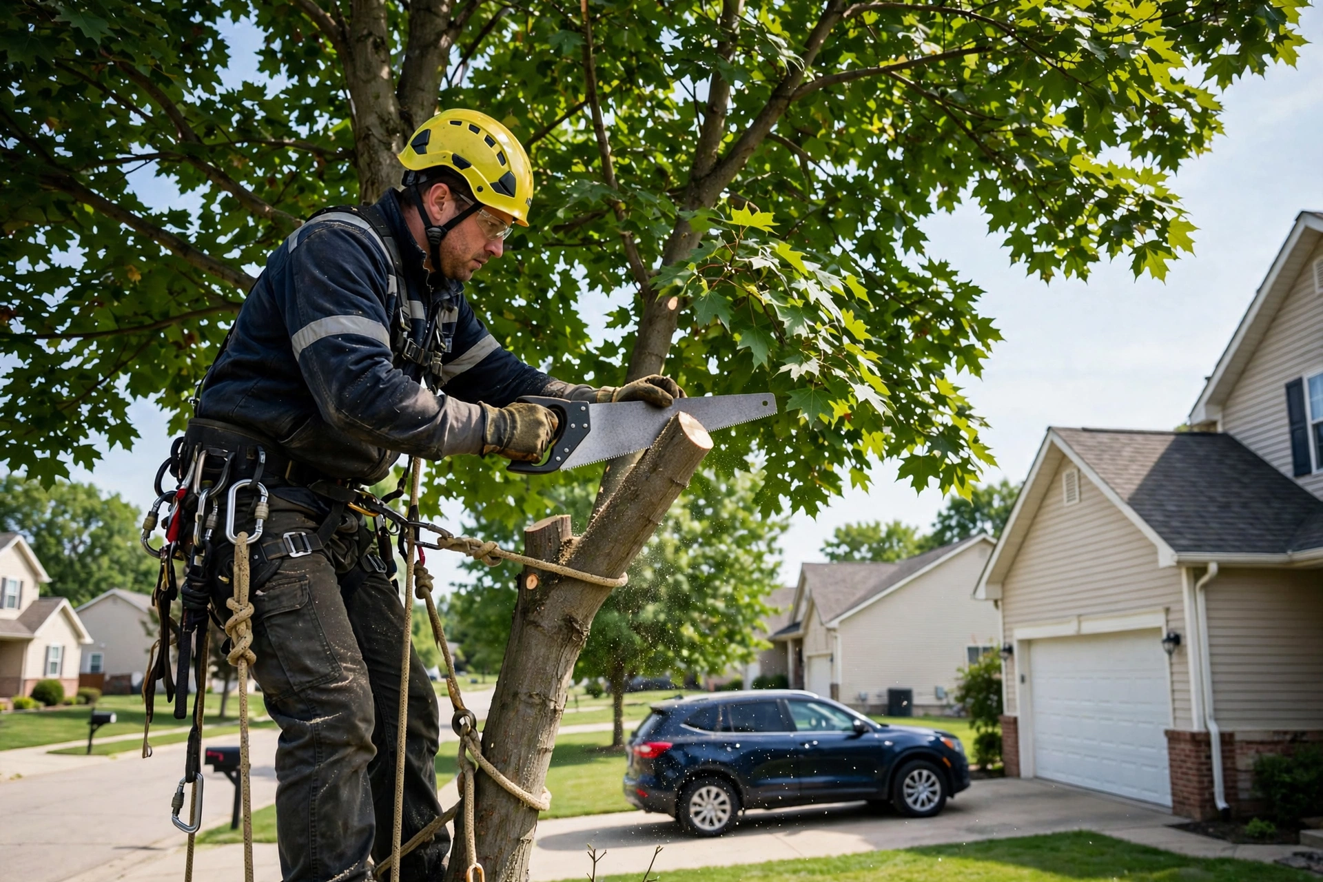 how much can you prune a tree in Peoria IL — arborist thinning a mature oak crown by about twenty-five percent