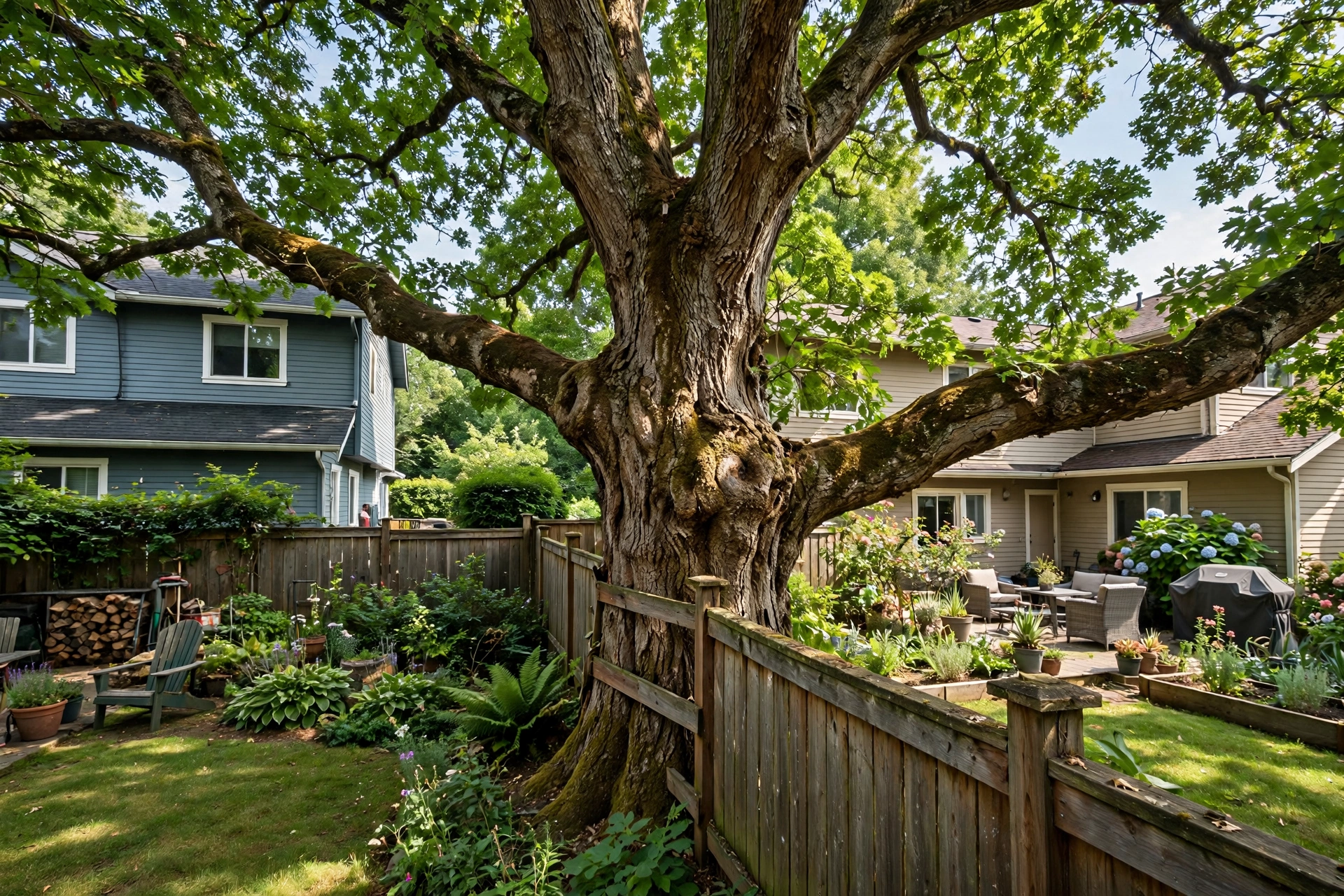 Illinois tree law neighbor dispute — overhanging tree branches at property line Peoria