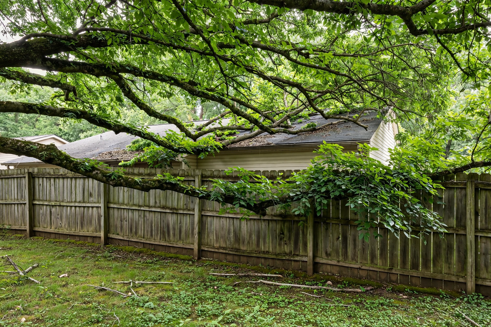 Tree trimming at property line Illinois — proper pruning cut at the boundary