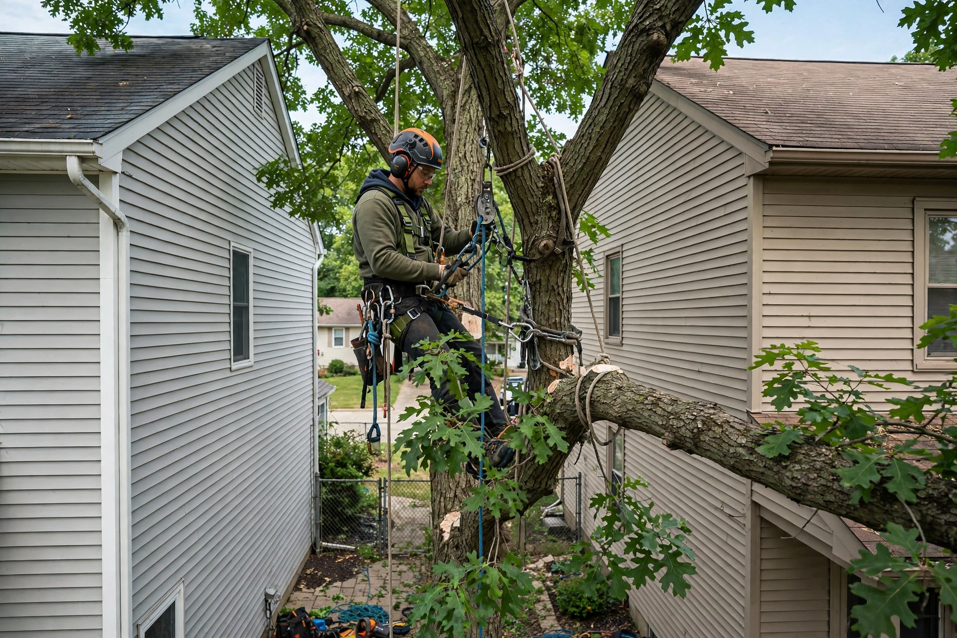 Large tree removal in tight spaces Chillicothe IL — arborist rigging branch between houses