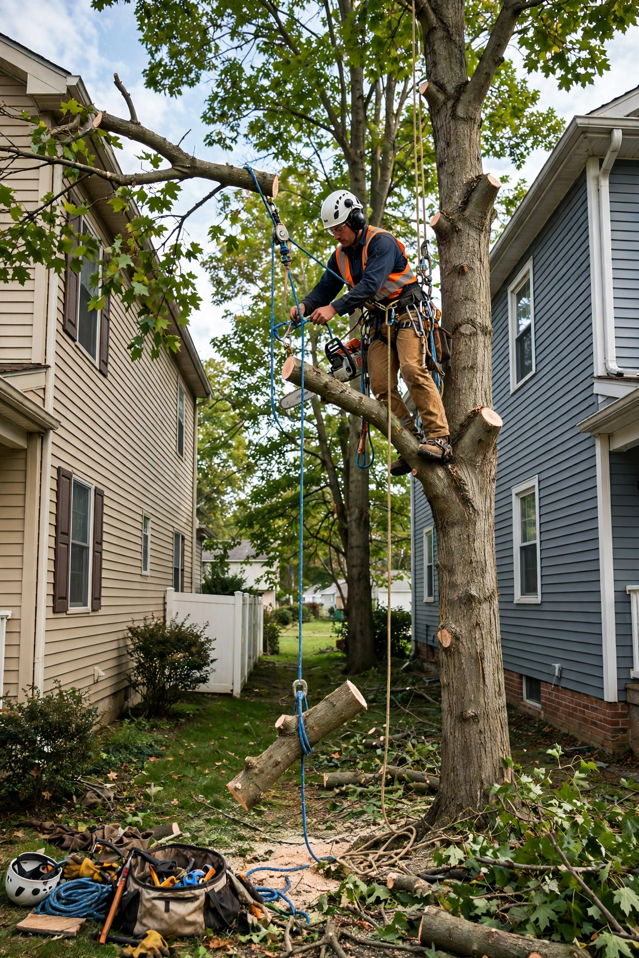 Large tree removal in tight spaces Peoria Heights IL — climber dismantling tall tree in narrow side yard