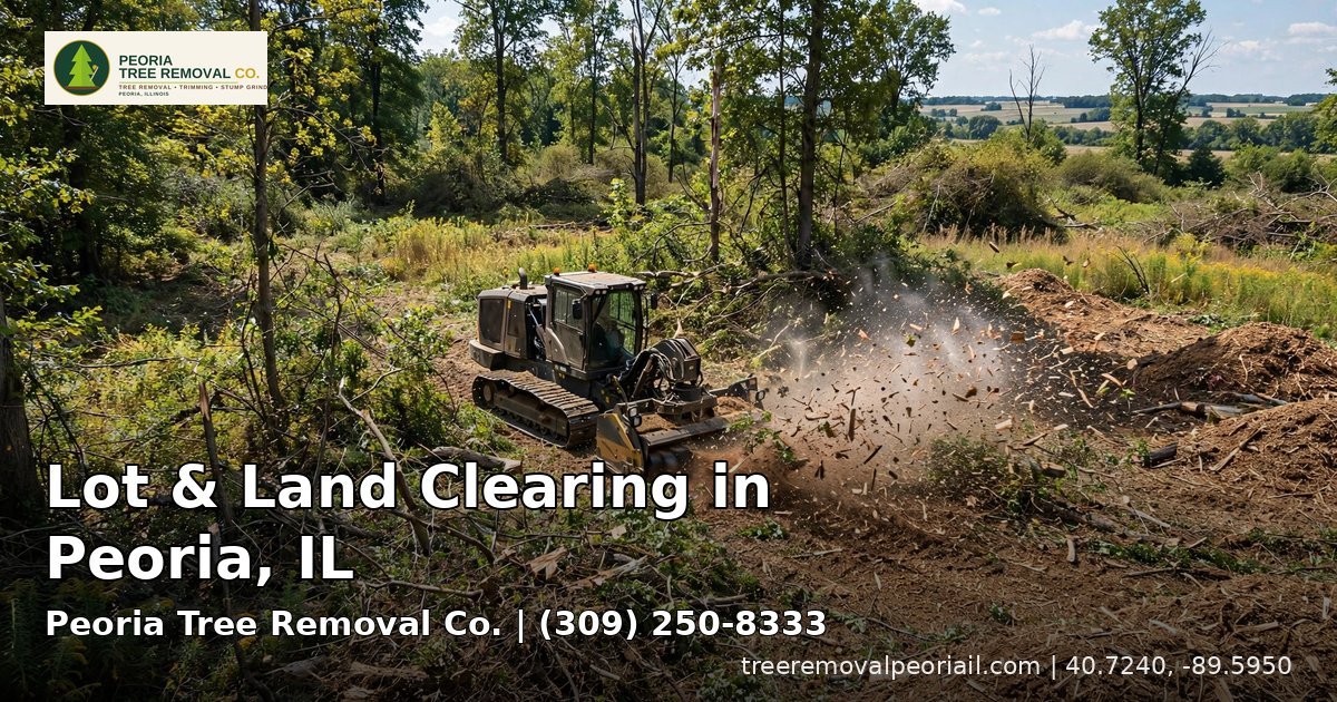 Forestry mulcher clearing an overgrown wooded lot for lot and land clearing in Peoria, IL