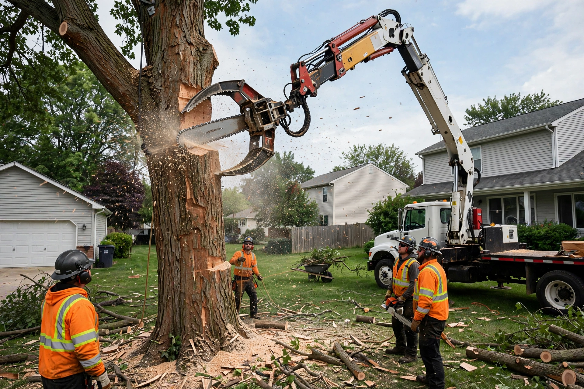 Crane lifting a large cut tree section over a house roof during crane-assisted tree removal in Peoria, IL