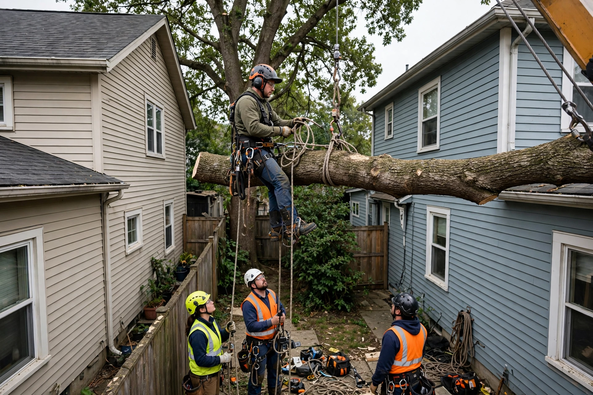 Arborist climber rigging a tree limb in a tight Peoria backyard while a crane holds the cut section steady