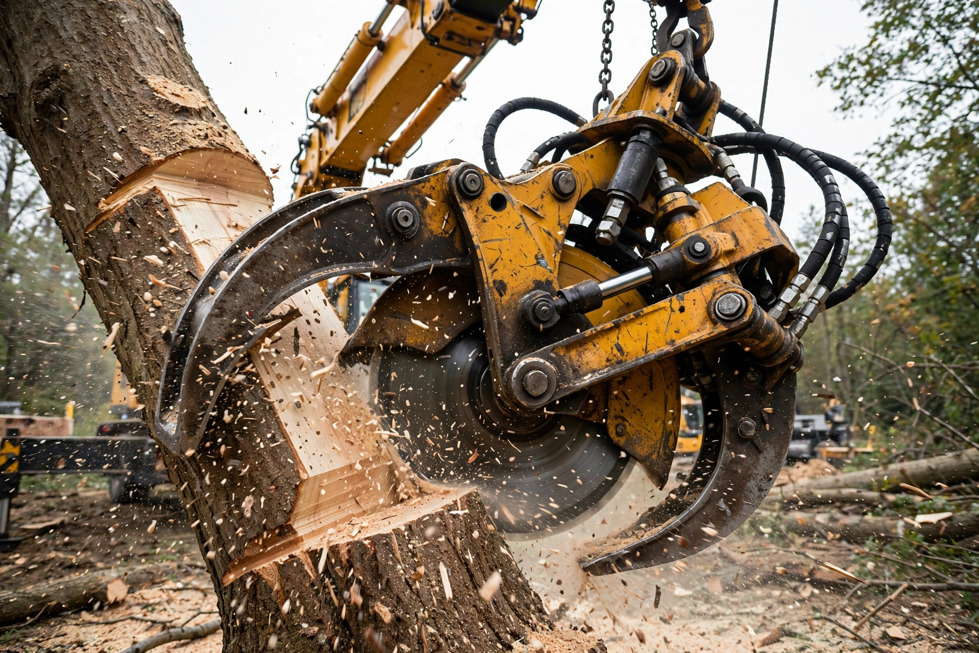 Grapple saw on a crane boom cutting through a tree trunk during a crane-assisted removal