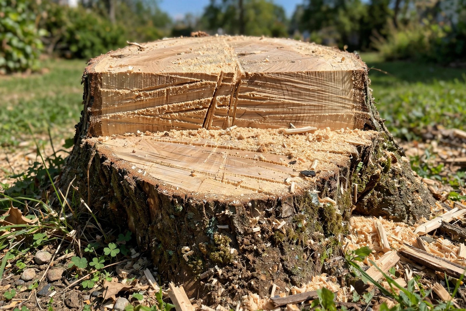 freshly cut tree stump in a yard