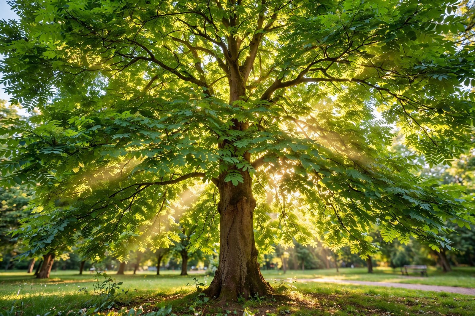 mature ash tree canopy in sunlight