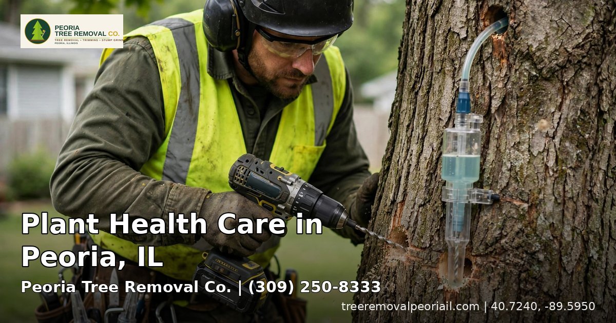 Certified arborist performing a trunk injection treatment as part of plant health care in Peoria, IL