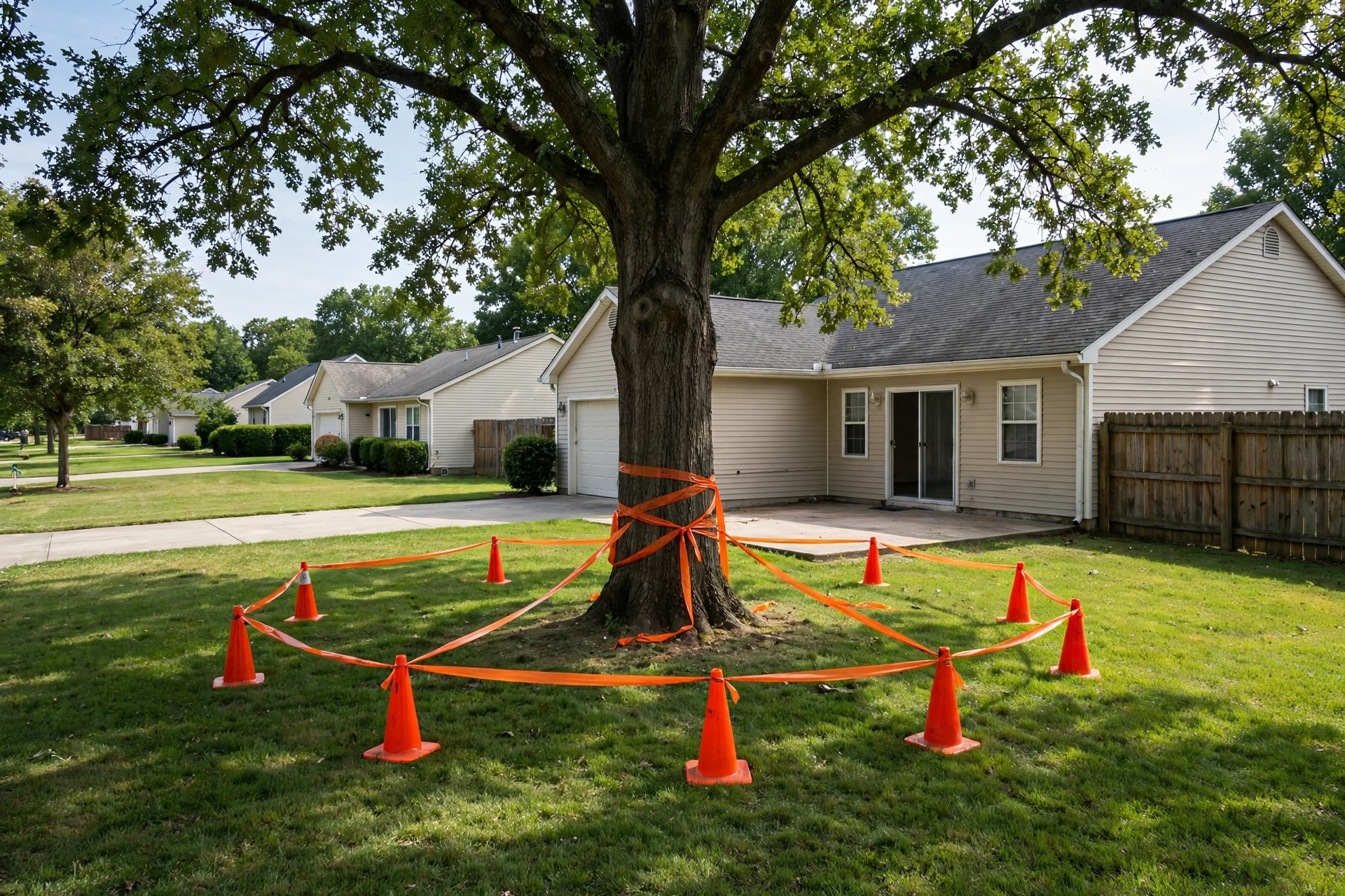 prepare yard for tree removal Peoria IL — crew setting up for a safe tree removal beside a home