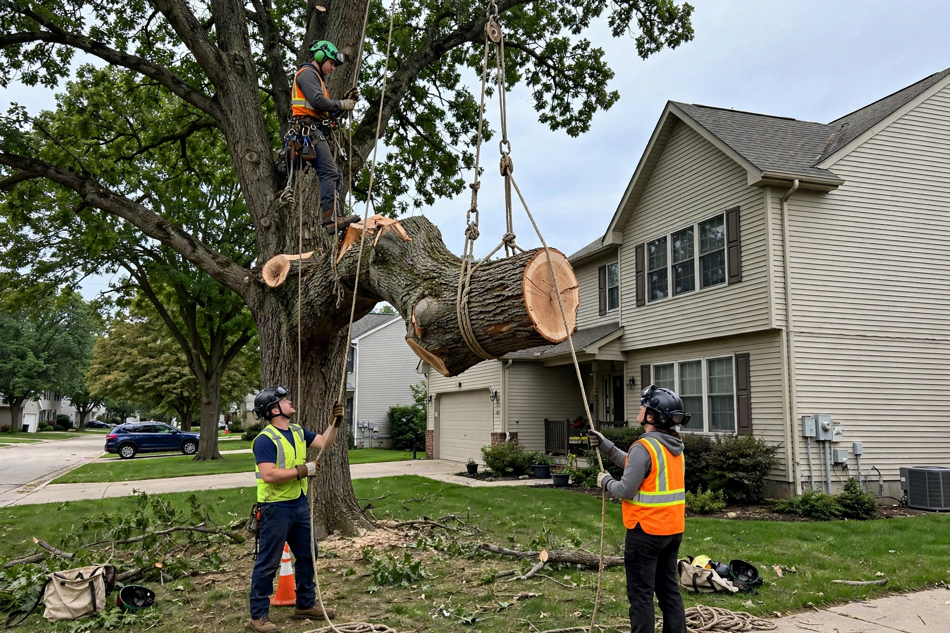 Residential tree removal Chillicothe IL — crew lowering cut tree section with rigging ropes