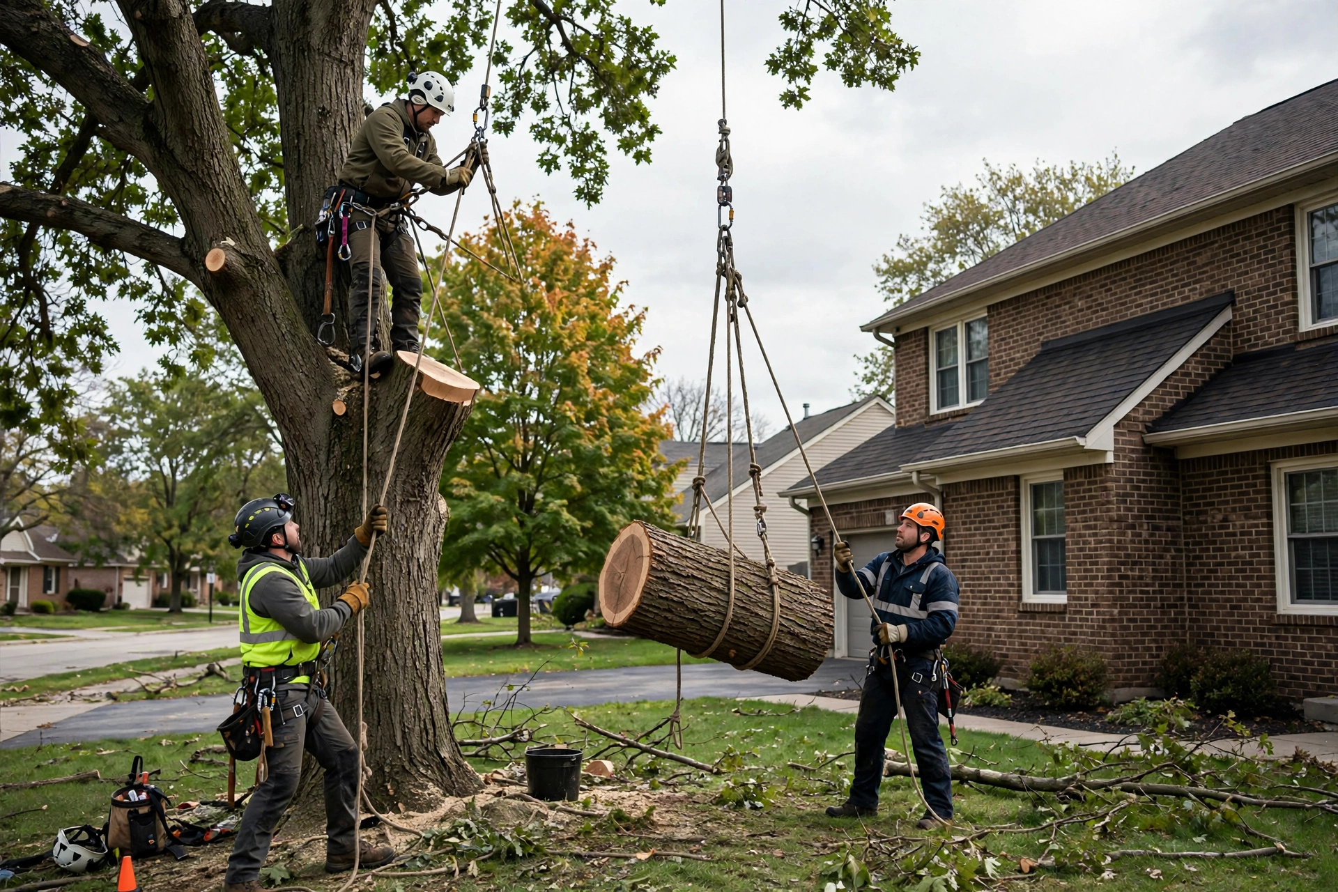 Residential tree removal Peoria Heights IL — crew lowering cut log section beside a brick home