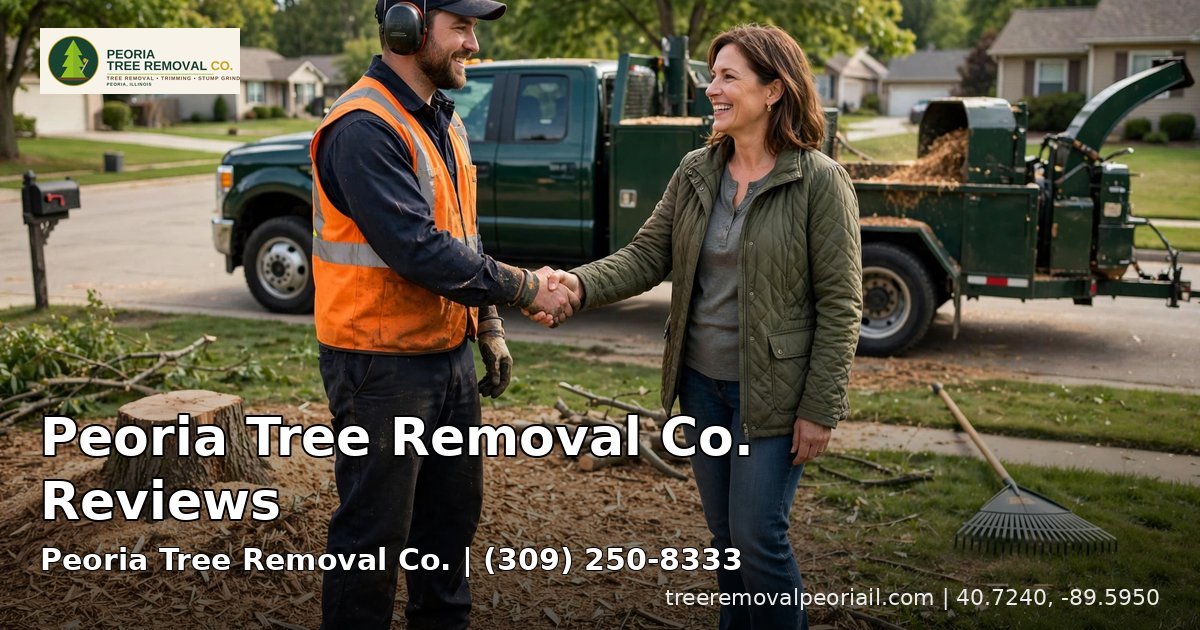 Tree service crew member shaking hands with a happy homeowner — Peoria Tree Removal Co. reviews