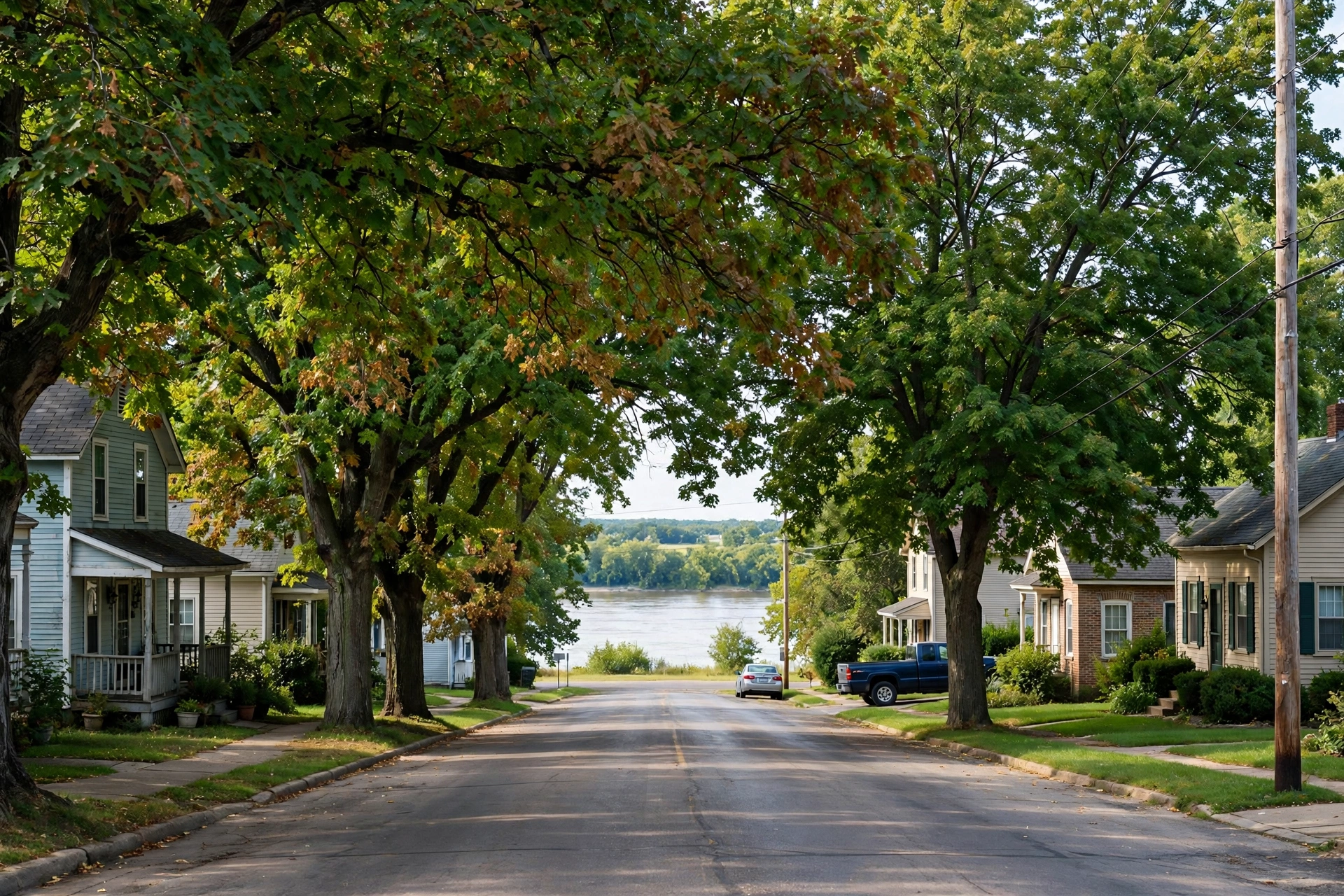 Tree service Chillicothe IL 61523 — river town street with mature trees