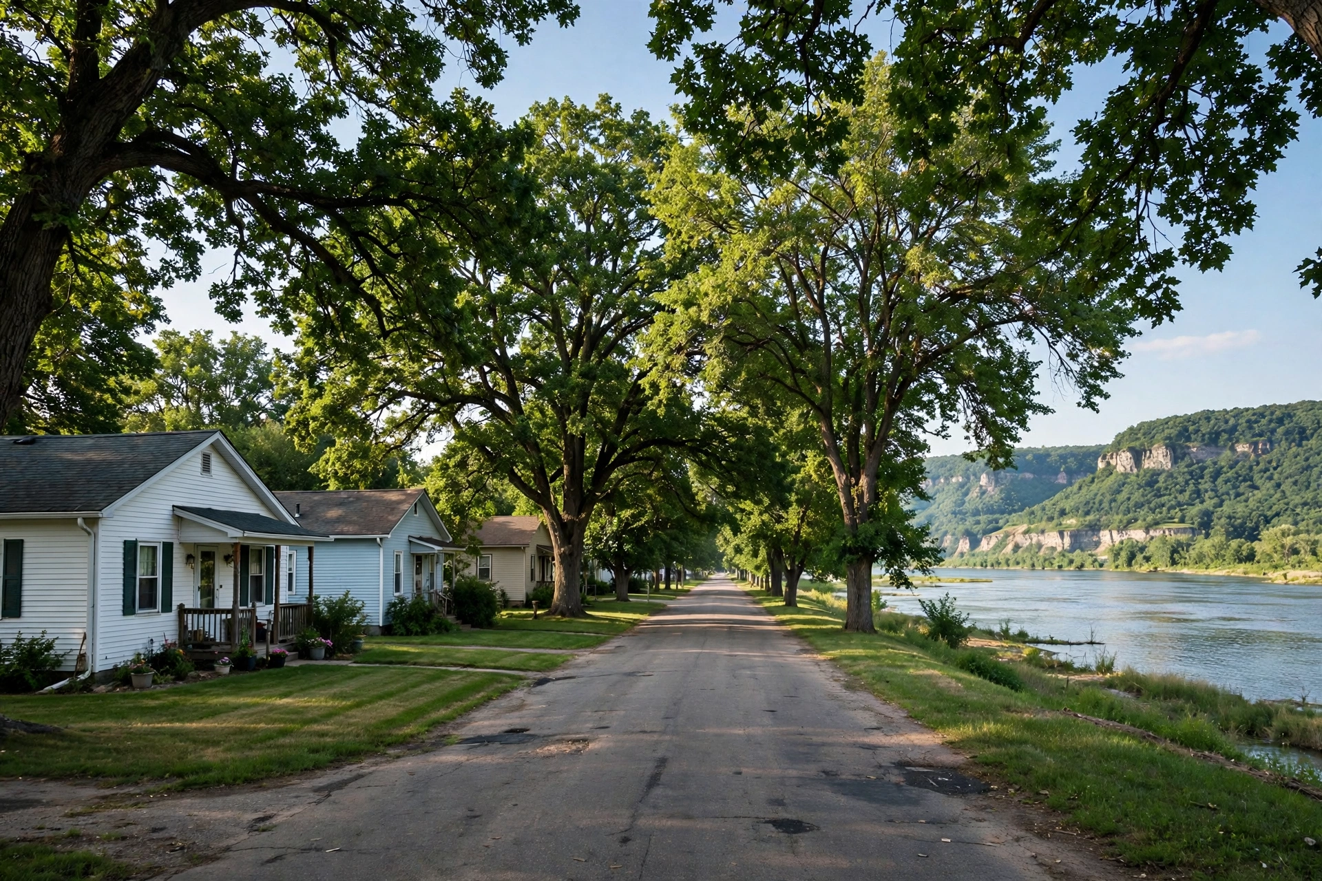 Tree service East Peoria IL 61611 — town street with mature trees near the river