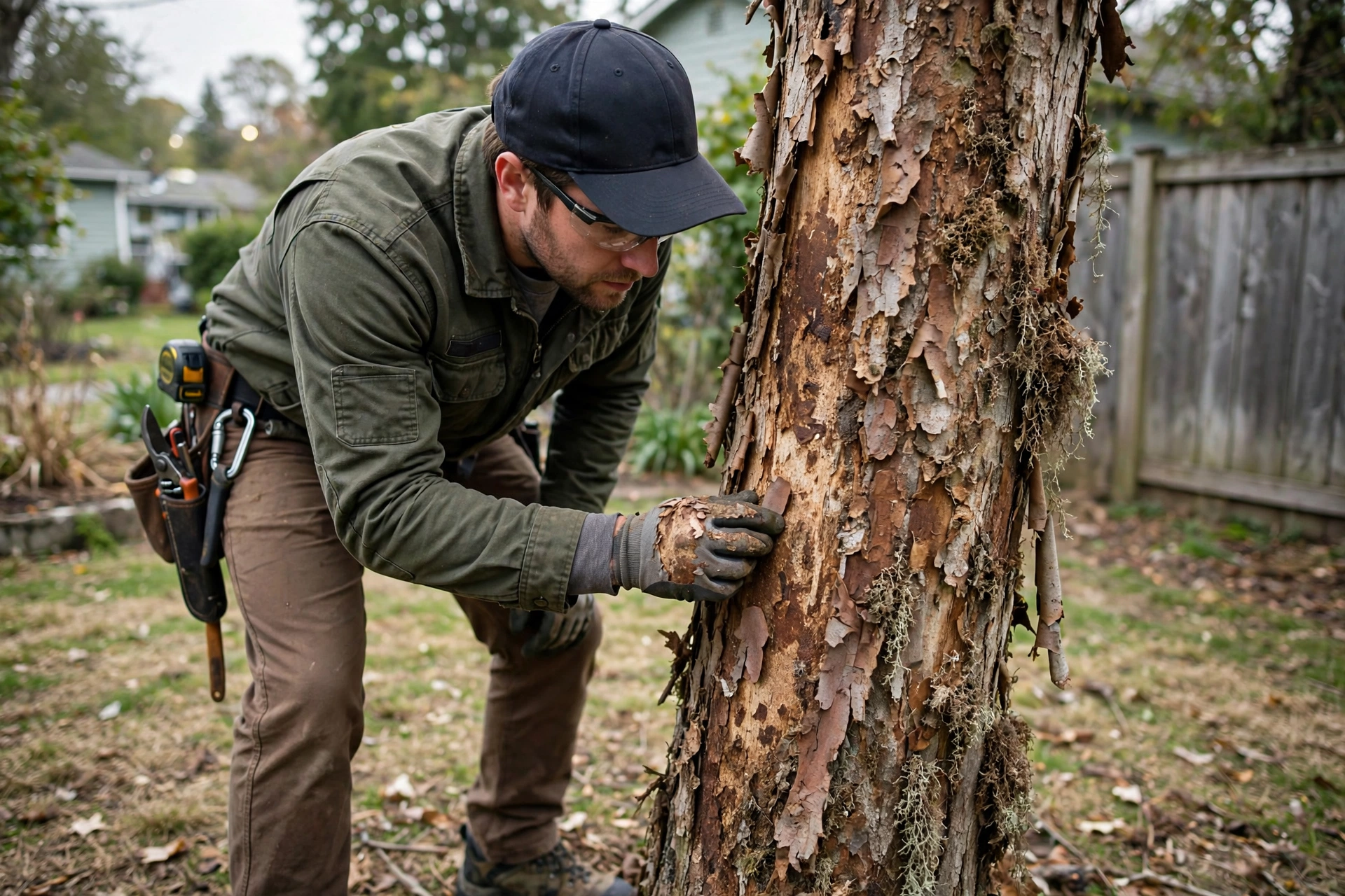 Dying tree signs Peoria IL — arborist inspecting sparse canopy and damaged bark