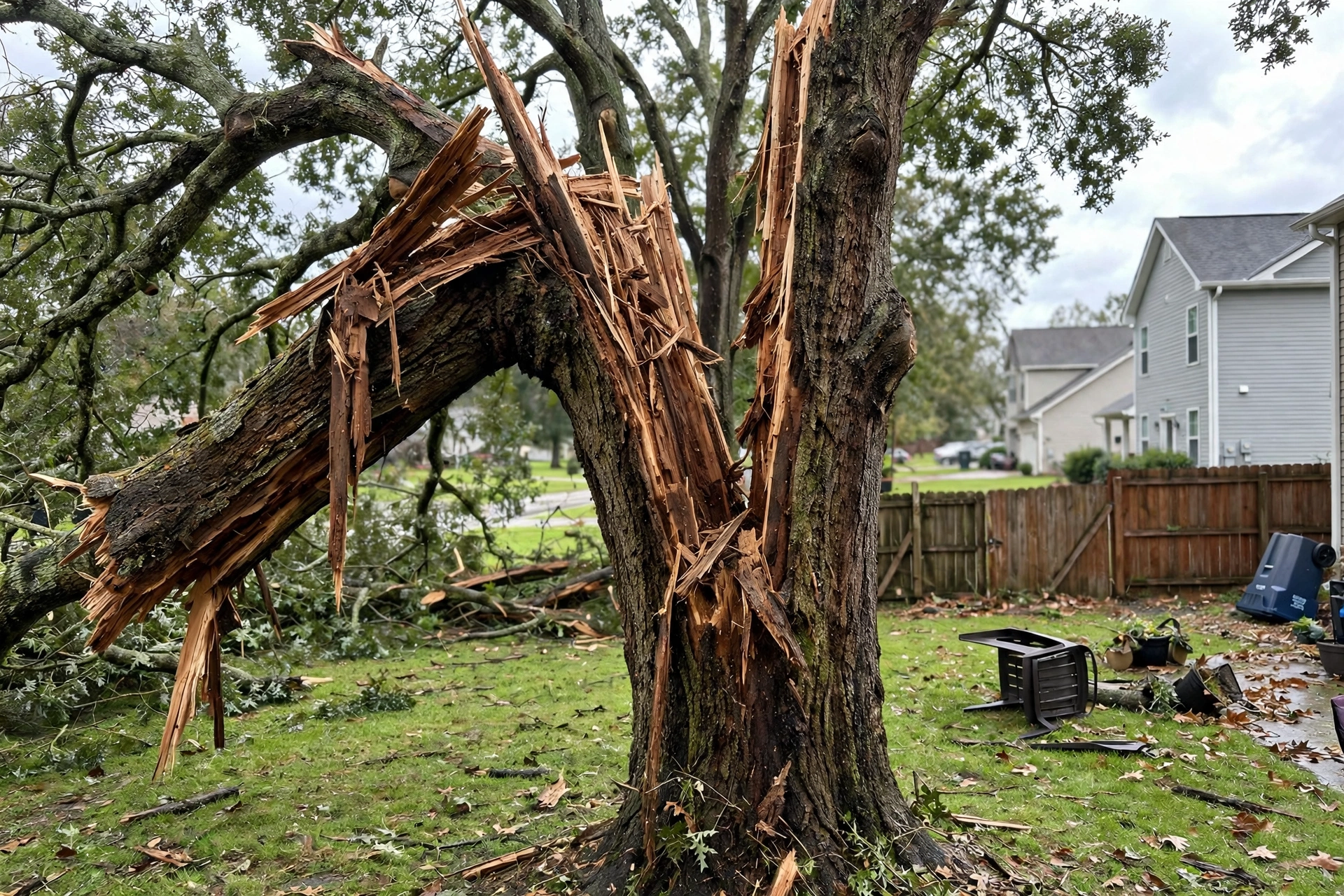storm damaged tree Peoria IL — large broken limb hanging over a suburban home after a storm