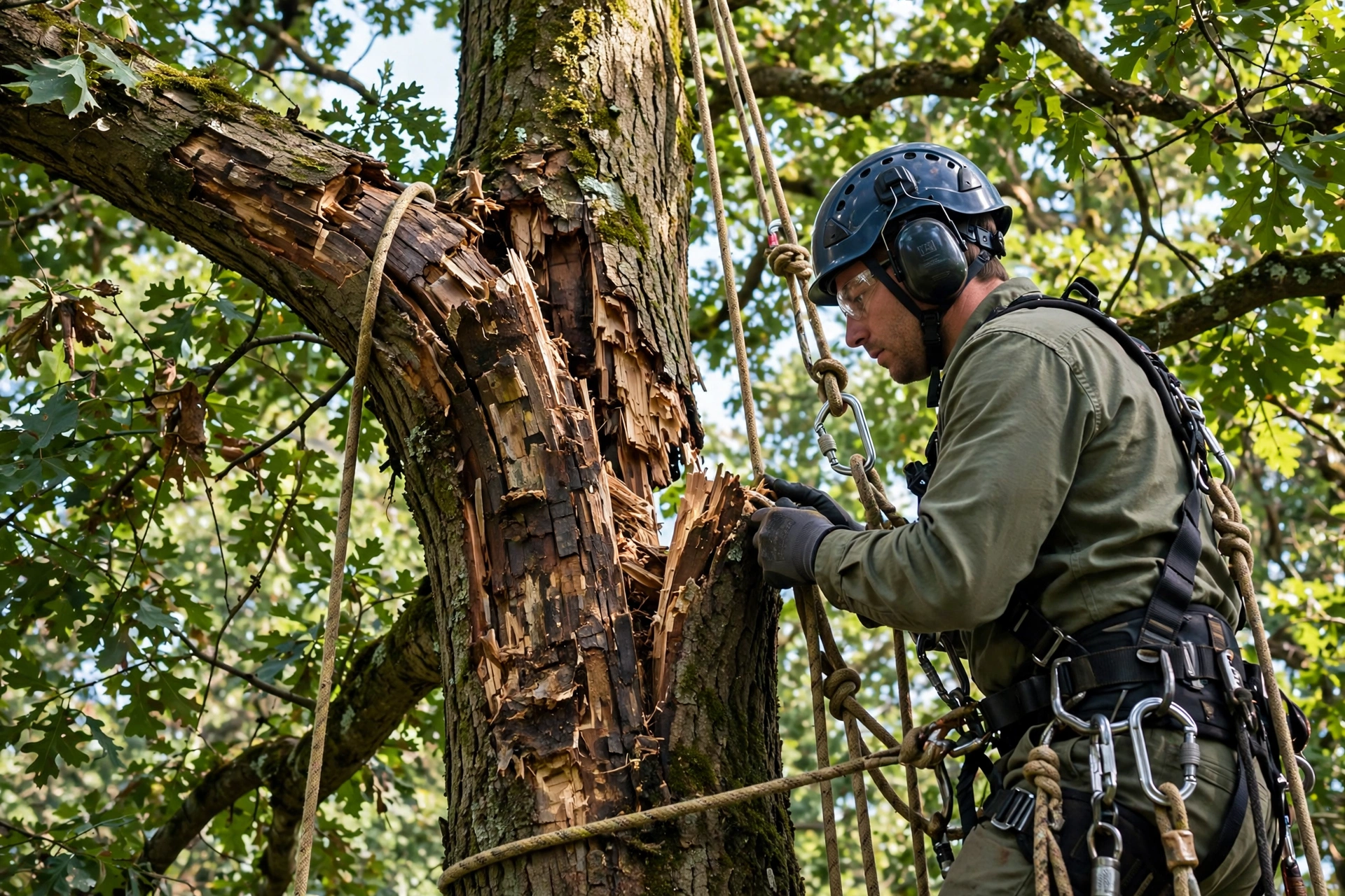 Emergency tree crew evaluating a storm-split tree in Peoria Illinois after high winds