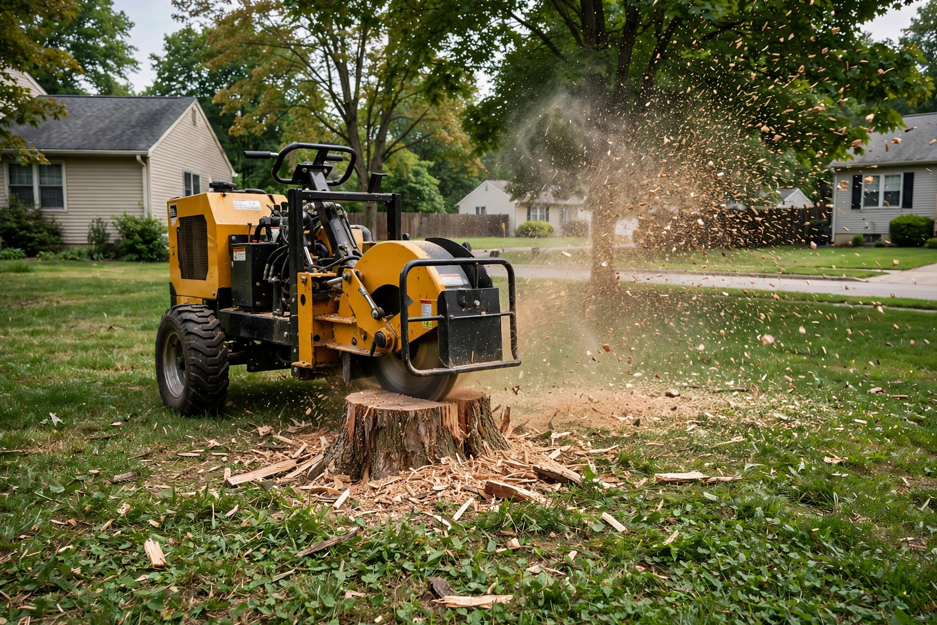 Stump grinding Chillicothe IL — stump grinder removing tree stump in lawn
