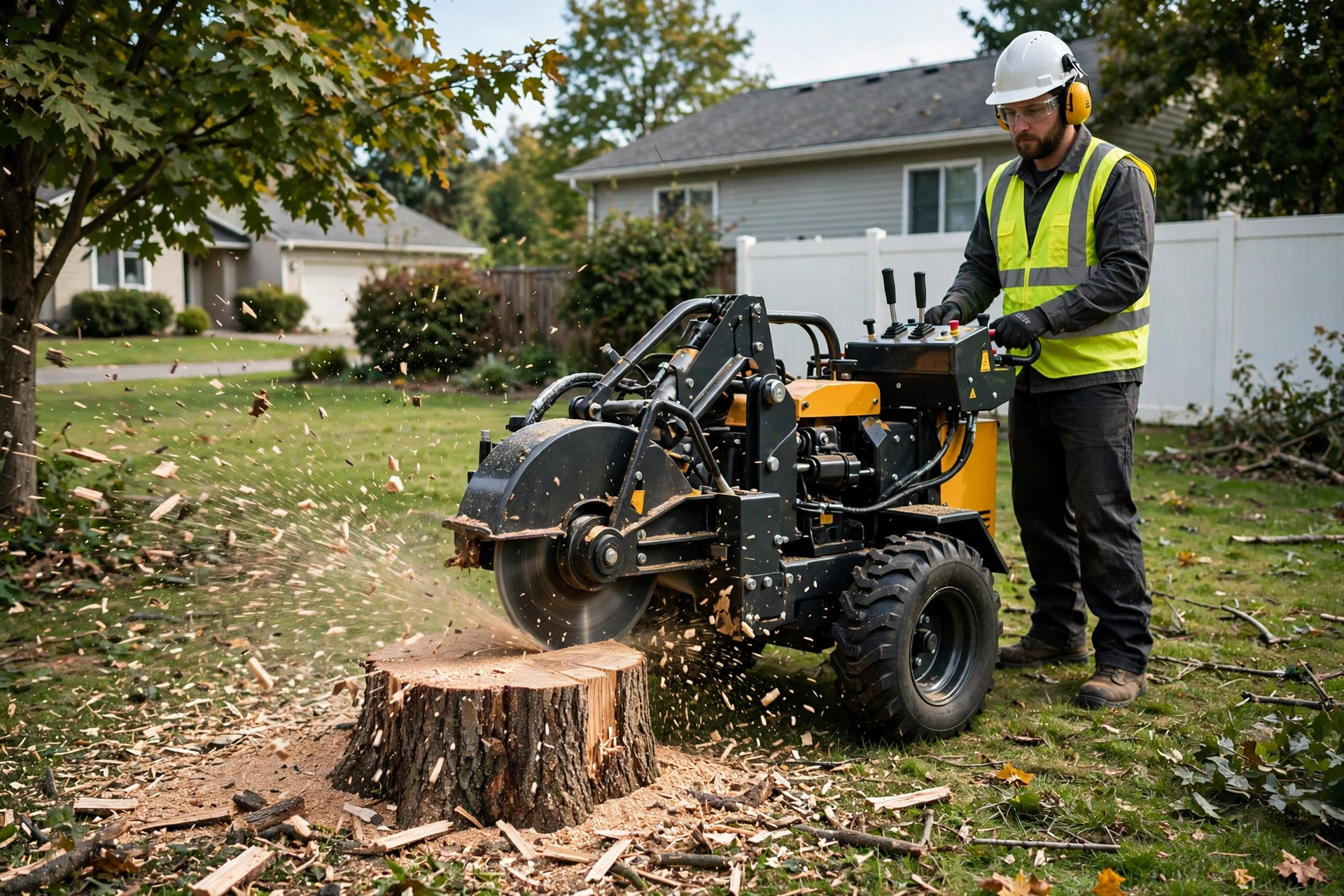 Stump grinding Central Illinois — grinder removing tree stump in Peoria lawn