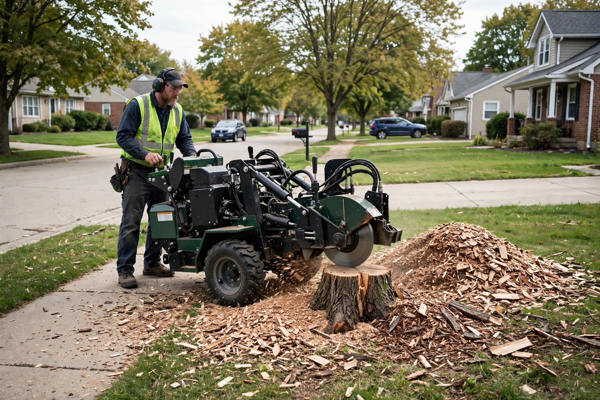 Stump grinding Peoria Heights IL — stump grinder removing old stump near a sidewalk
