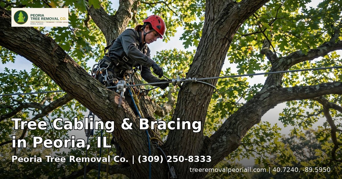 Arborist installing a steel support cable high in a mature oak canopy for tree cabling and bracing in Peoria, IL