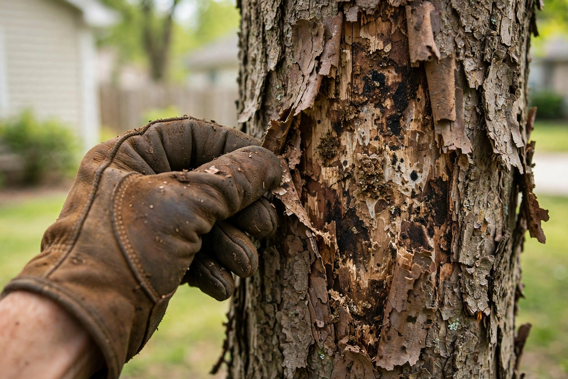 Tree disease warning signs Chillicothe IL — arborist inspecting damaged peeling bark