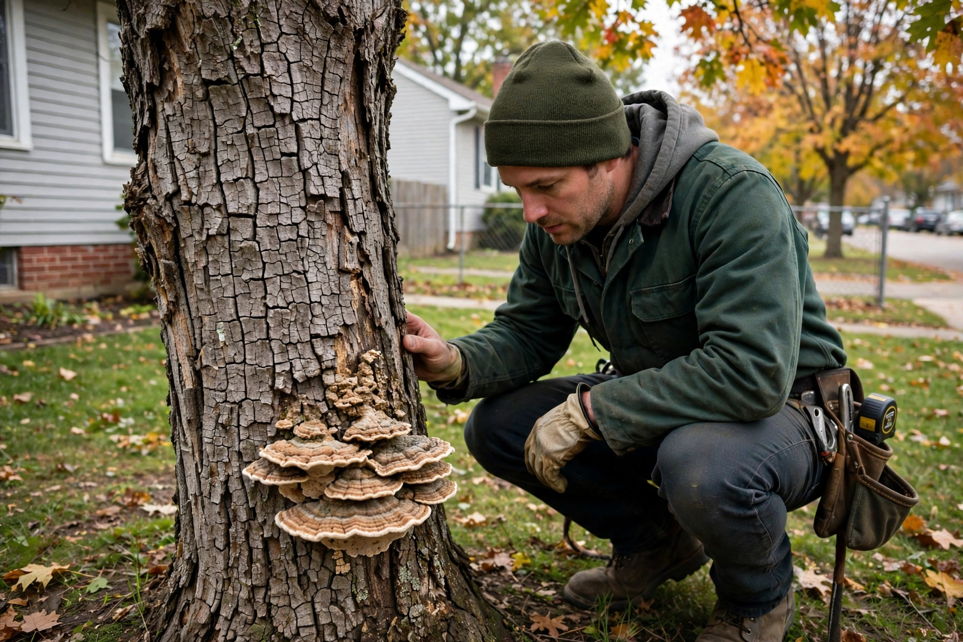 Tree disease warning signs Peoria Heights IL — arborist examining tree trunk with fungal growth