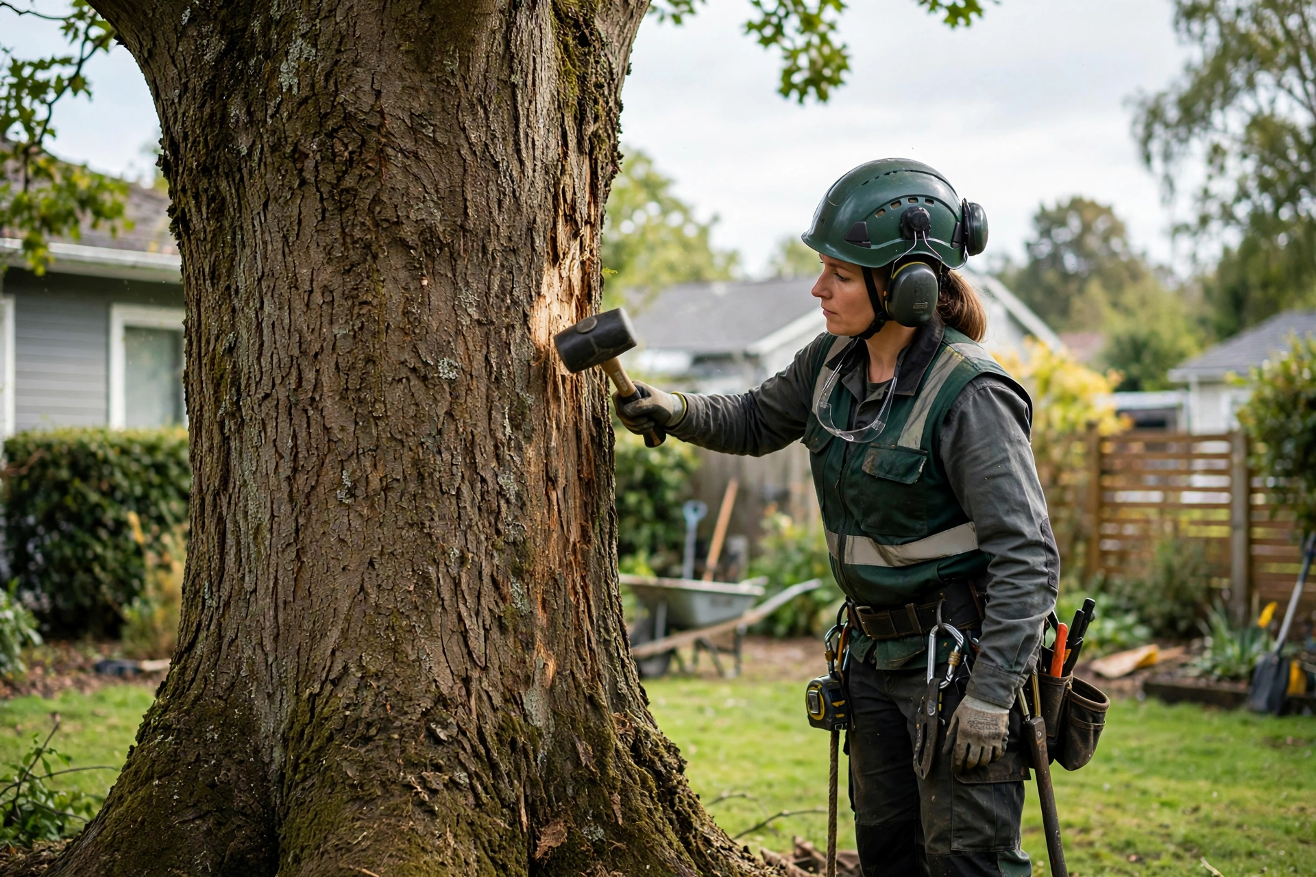 tree disease treatment Peoria IL — arborist inspecting a sick tree with bark damage