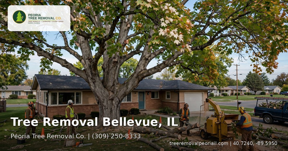 Tree removal in Bellevue, IL — tree crew removing a very large old silver maple at a 1950s ranch house